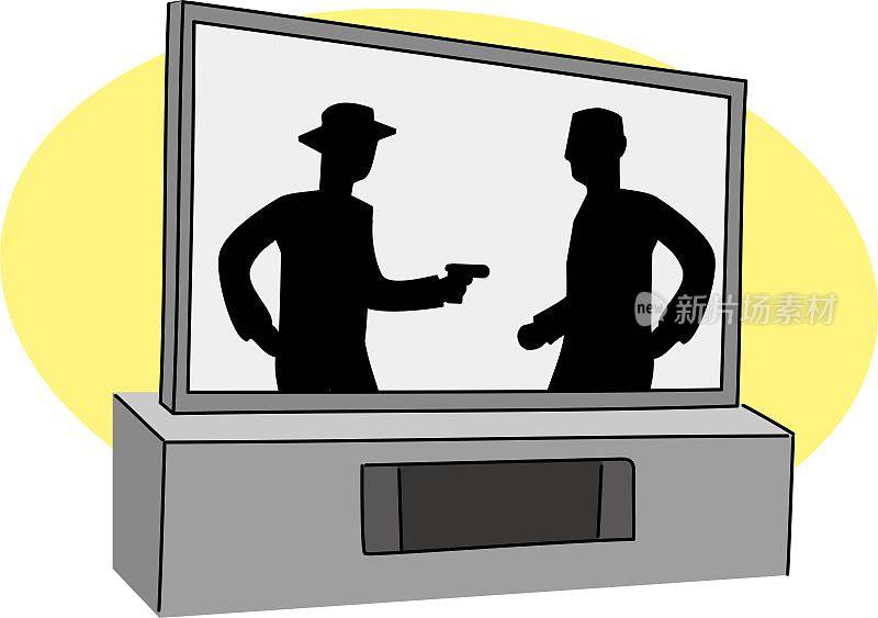 一个男人在一个简单而大的电视LCD屏幕上指着枪的插图/插图材料(矢量插图)